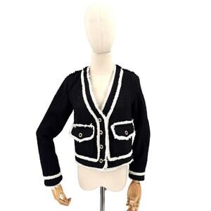 AQUA Black White Trim Boucle Tweed Gold Button Ladylike Blazer